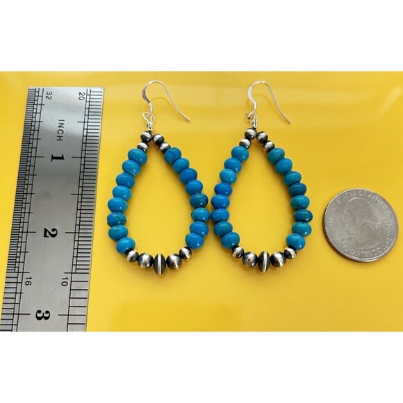 Sleeping Beauty Turquoise Teardrop Earrings w/ 9 Silver Navajo Pearls Great Gift - Picture 2 of 5